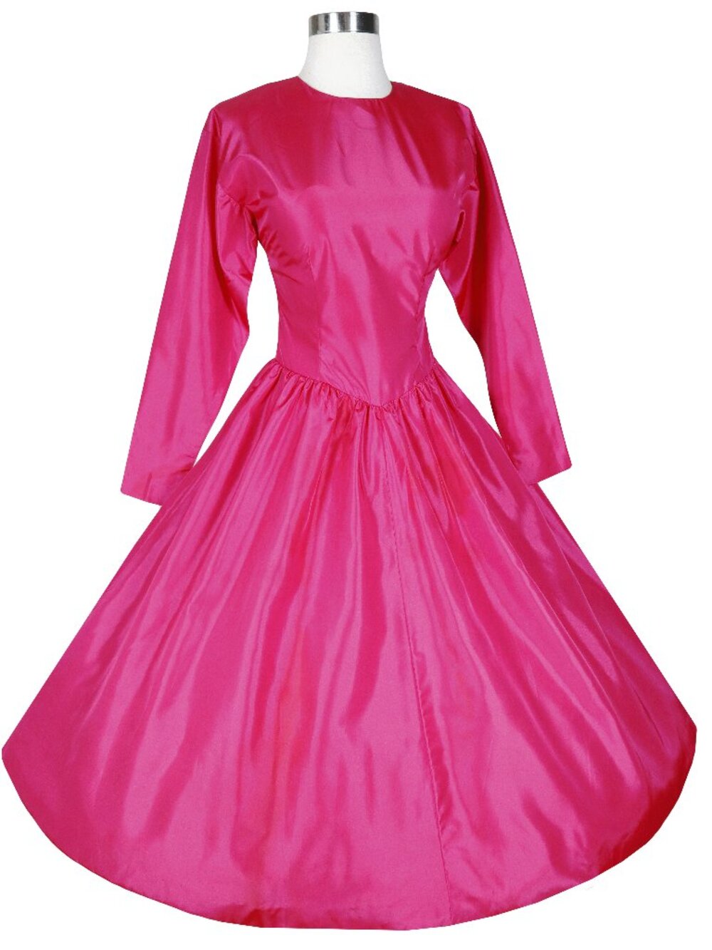 Vintage 80s Fuchsia Pink Taffeta Long Sleeve Full Skirt Prom Party Dress XS S